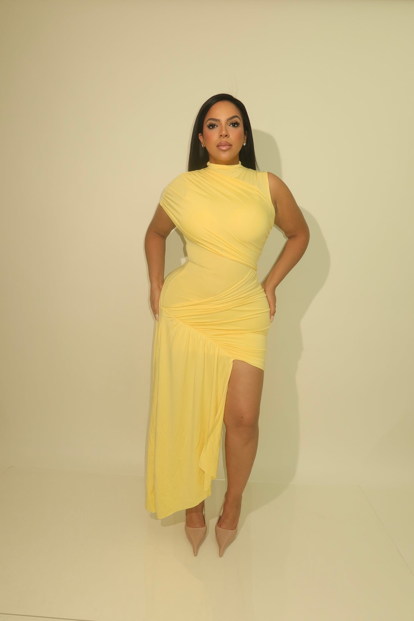 The Soleil Asymmetric Ruched Dress